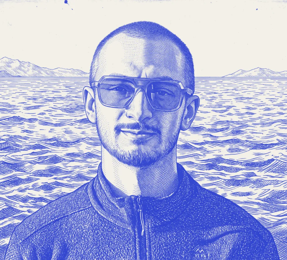 Retrato de Enzo Zampronio em gravura de traço, diante do mar