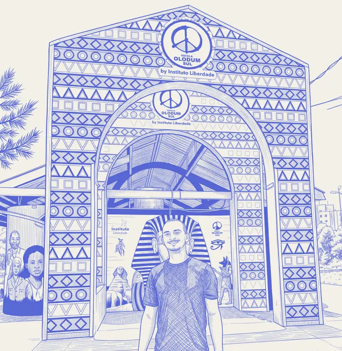 Gravura de traço: fachada da Escola Olodum Sul