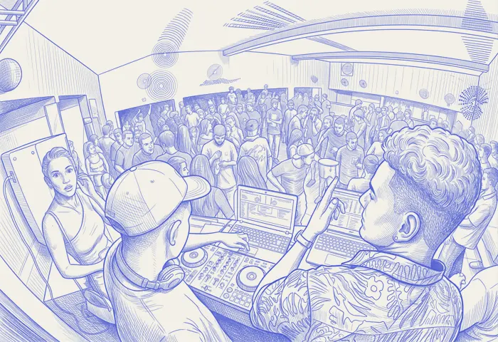 Gravura de traço: cabine de som e pista cheia em evento da Pantheon