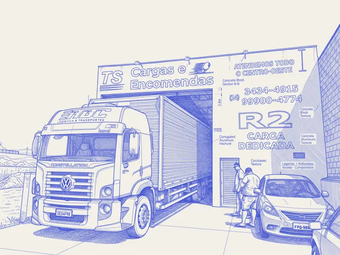 Gravura de traço: caminhão baú na doca da R2 Carga Dedicada